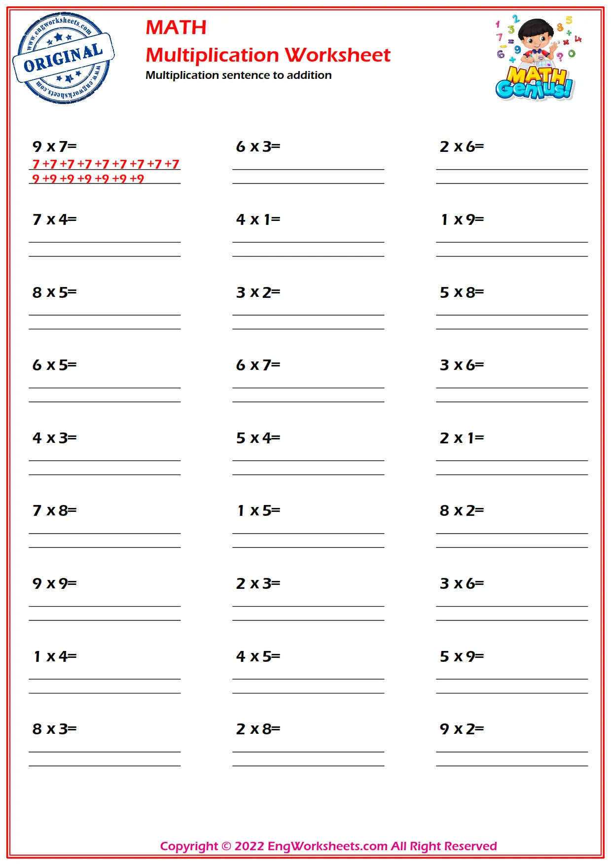 Multiplication sentence to addition