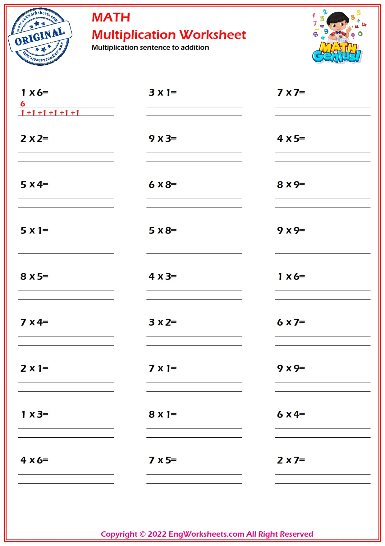 Multiplication sentence to addition