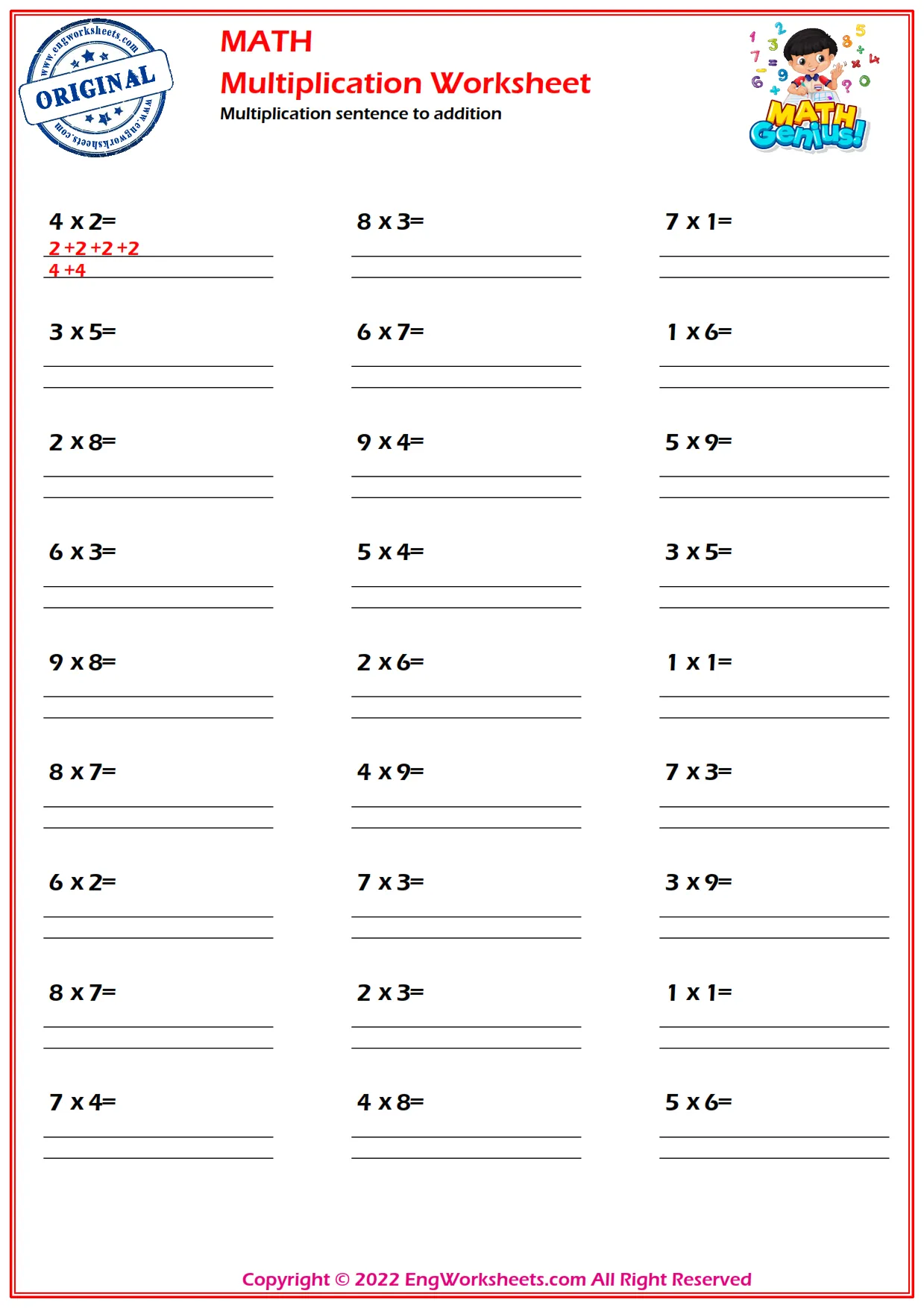 Multiplication sentence to addition