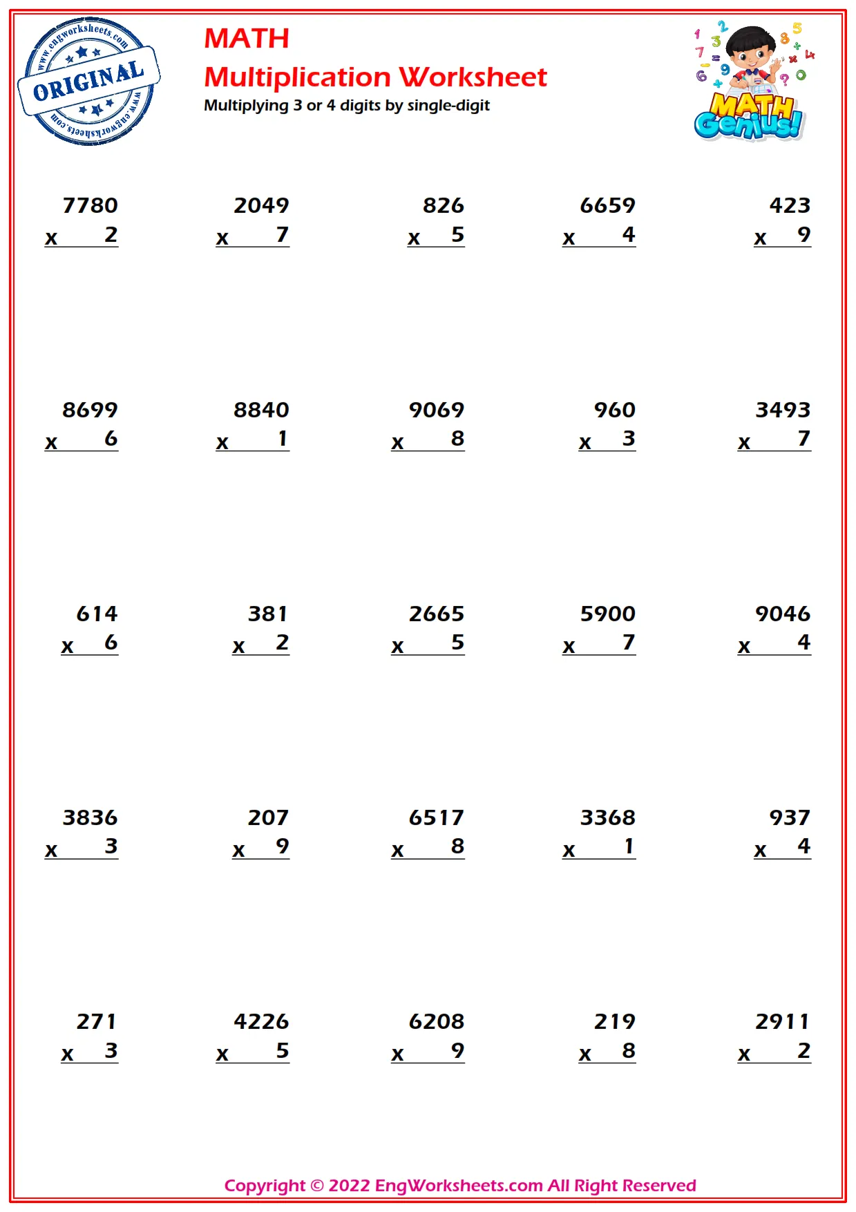 Multiplying 3 or 4 digits by single-digit