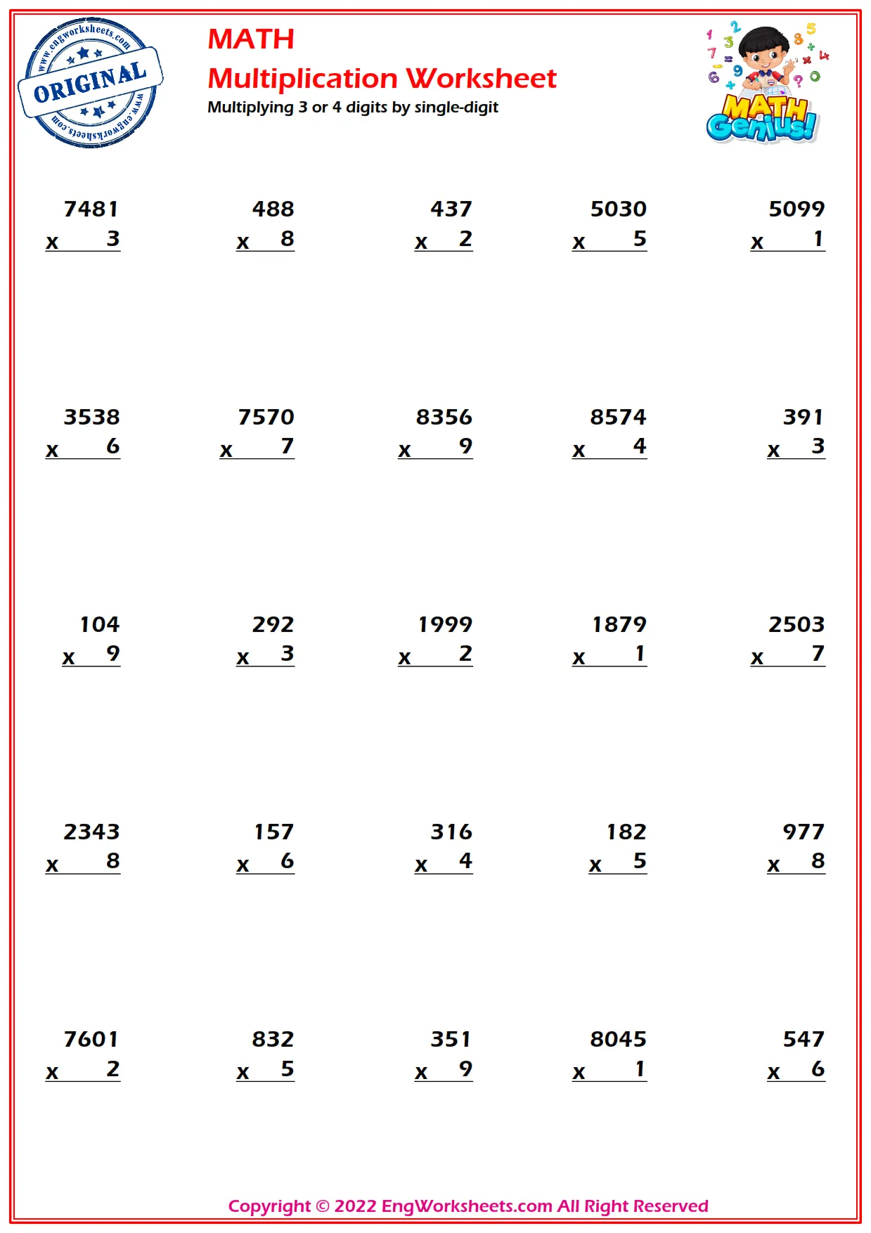 Multiplying 3 or 4 digits by single-digit