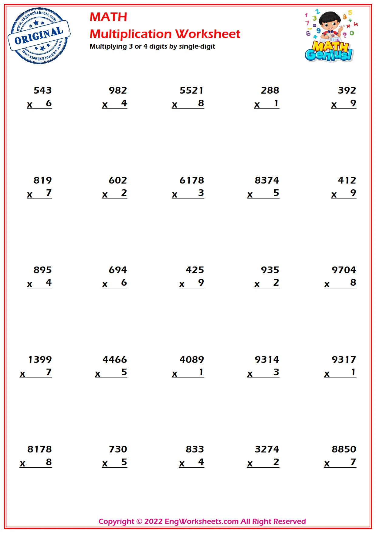 Multiplying 3 or 4 digits by single-digits