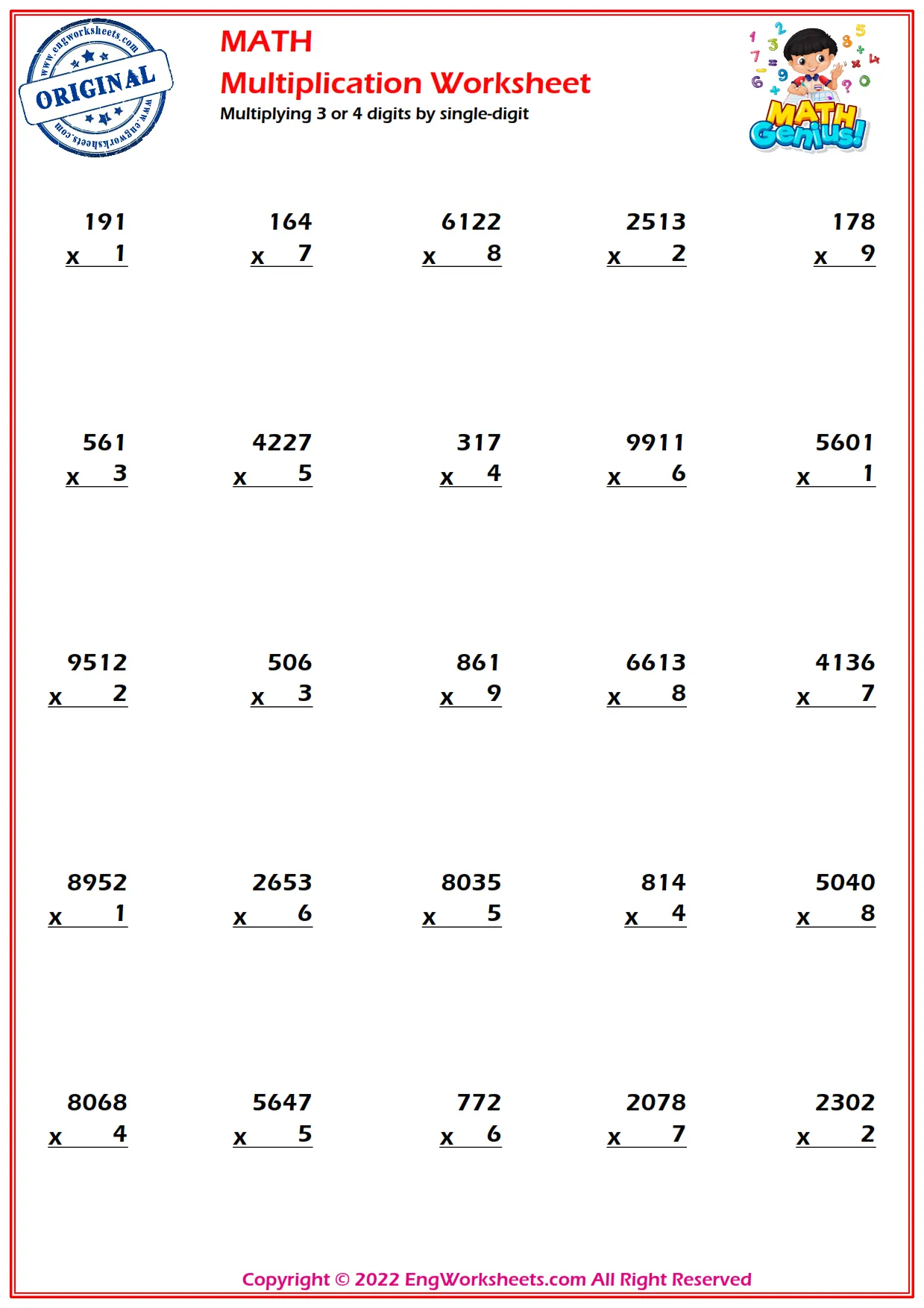 Multiplying 3 or 4 digits by single-digit