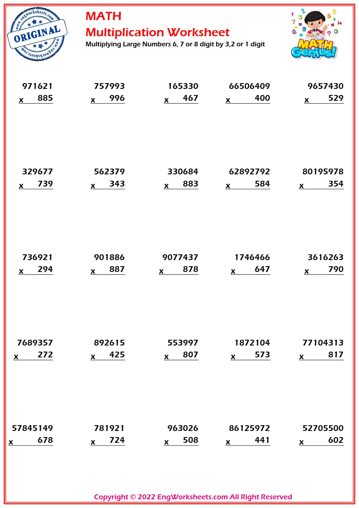 Multiplying Large Numbers 6, 7 or 8 digit by 3,2 or 1 digit
