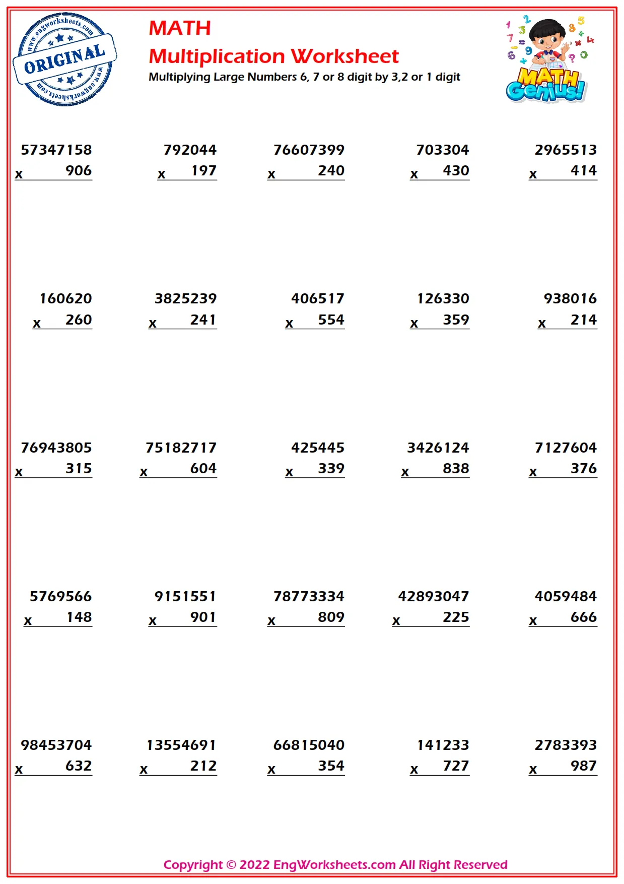 Multiplying Large Numbers 6, 7 or 8 digit by 3,2 or 1 digit