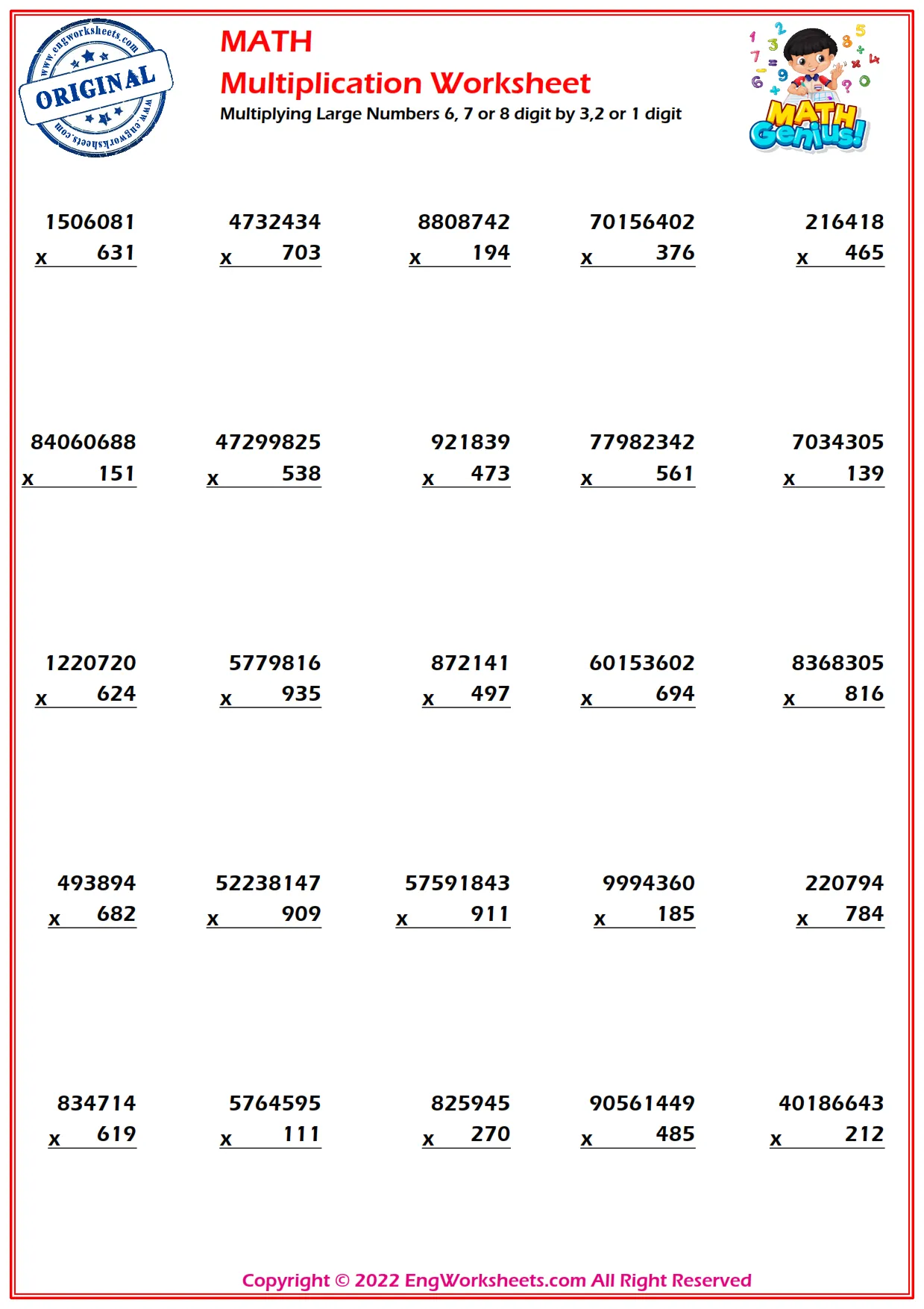Multiplying Large Numbers 6, 7 or 8 digit by 3,2 or 1 digit