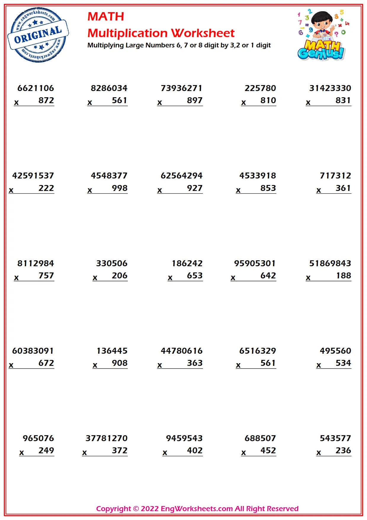 Multiplying Large Numbers 6, 7 or 8 digit by 3,2 or 1 digit