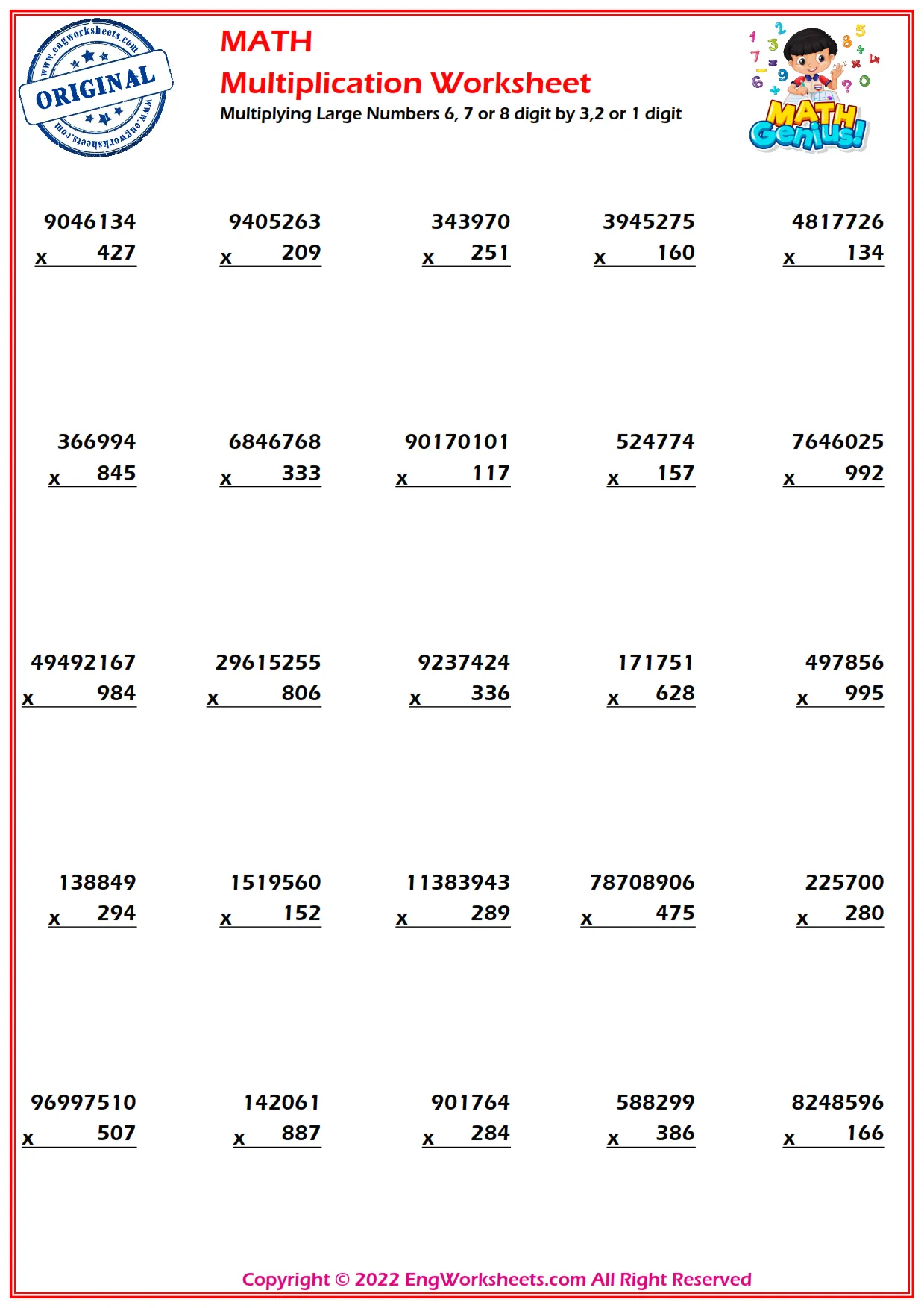 Multiplying Large Numbers 6, 7 or 8 digit by 3,2 or 1 digit