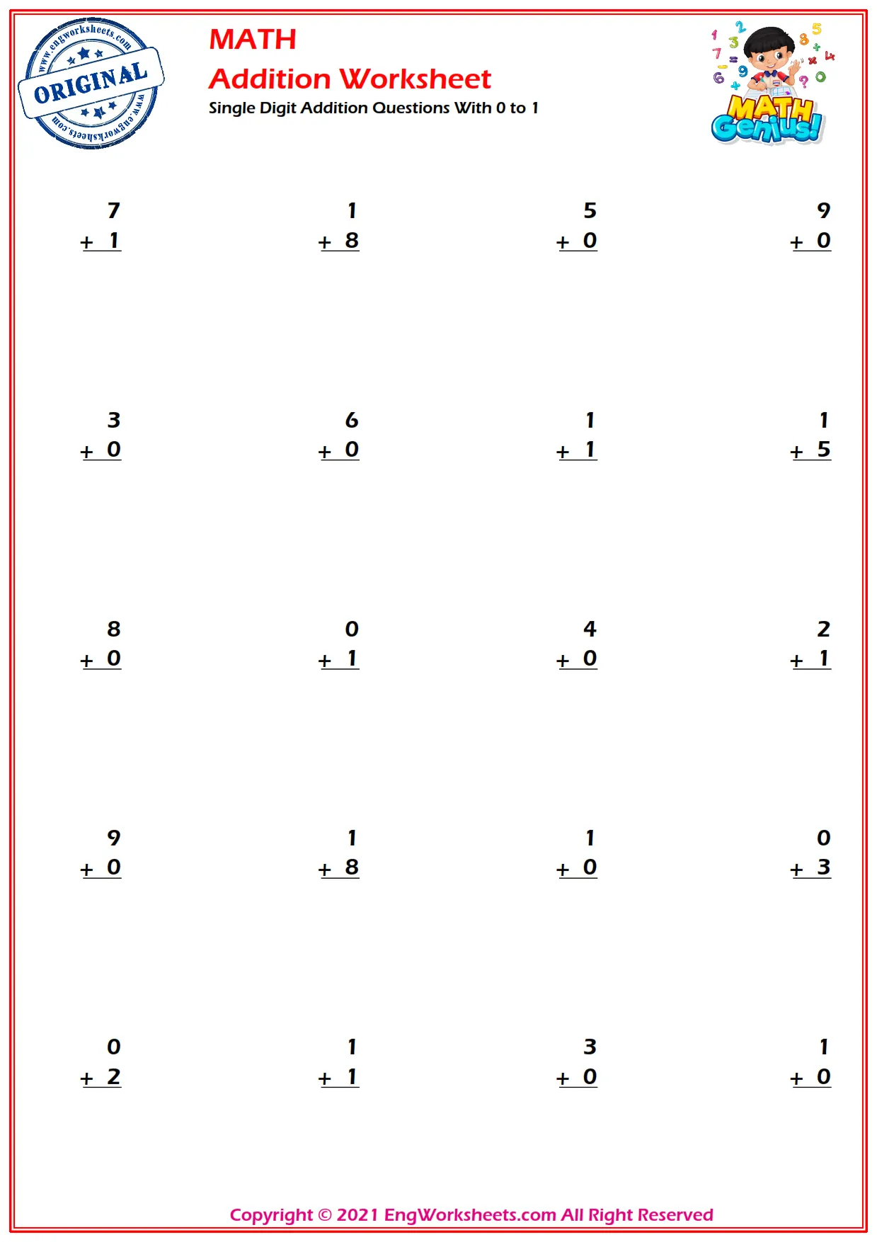 Single Digit Addition Questions With 0 to 1