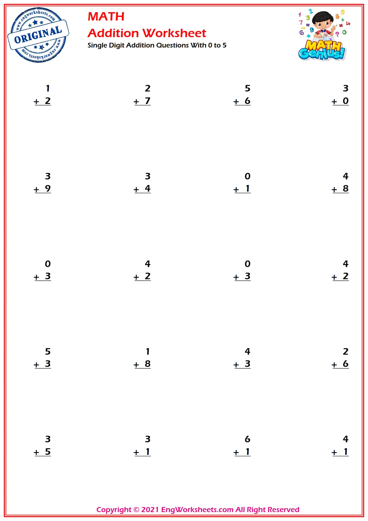 Single Digit Addition Questions With 0 to 5