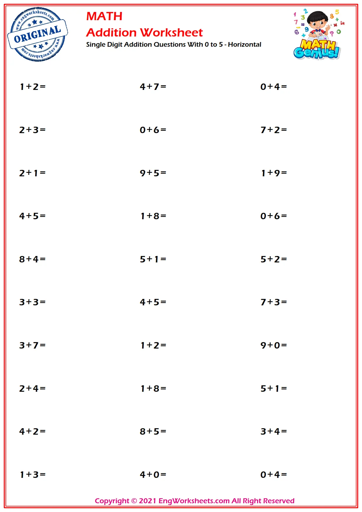 Single Digit Addition Questions With 0 to 5 - Horizontal
