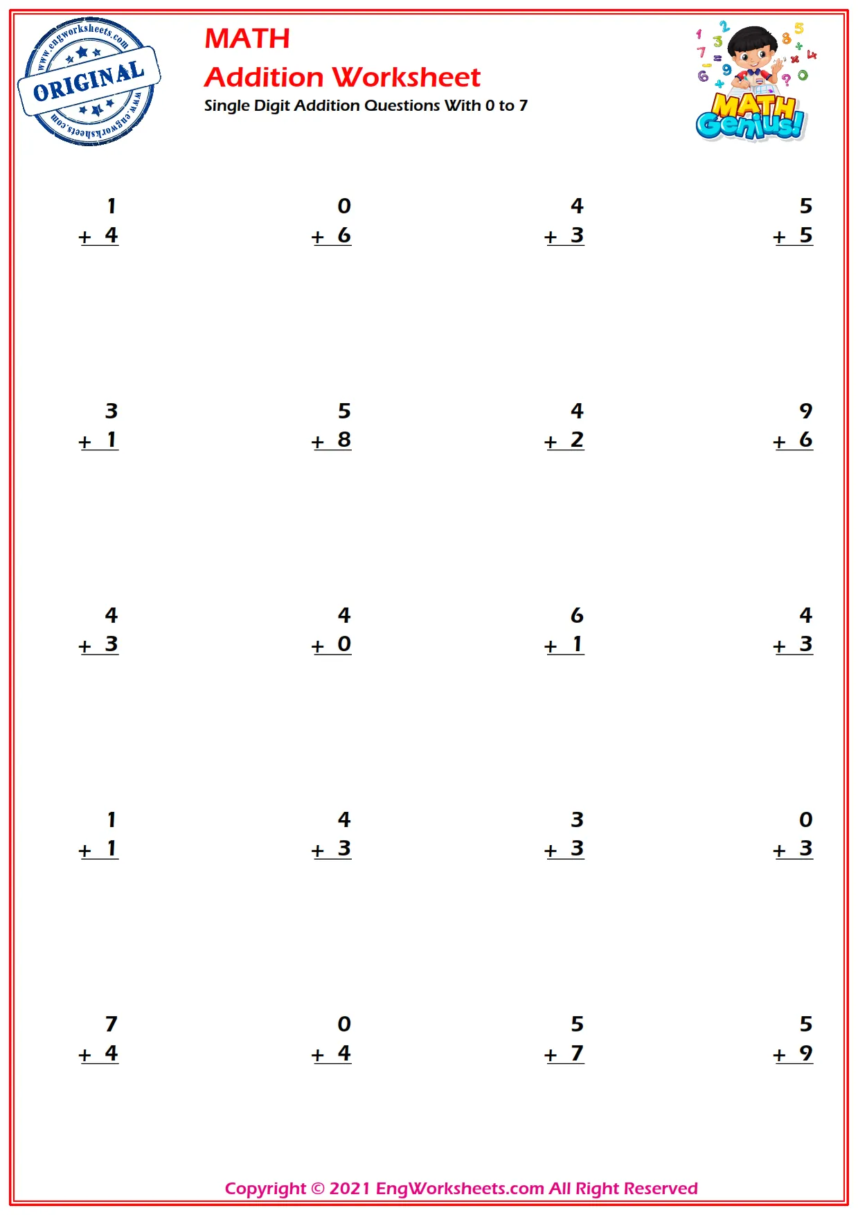 Single Digit Addition Questions With 0 to 7