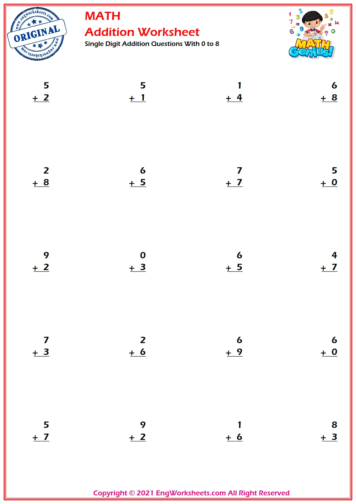 Single Digit Addition Questions With 0 to 8