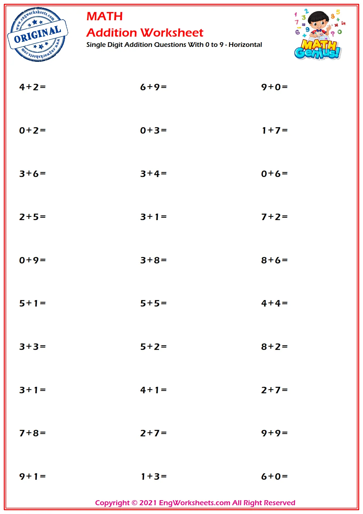 Single Digit Addition Questions With 0 to 9 - Horizontal