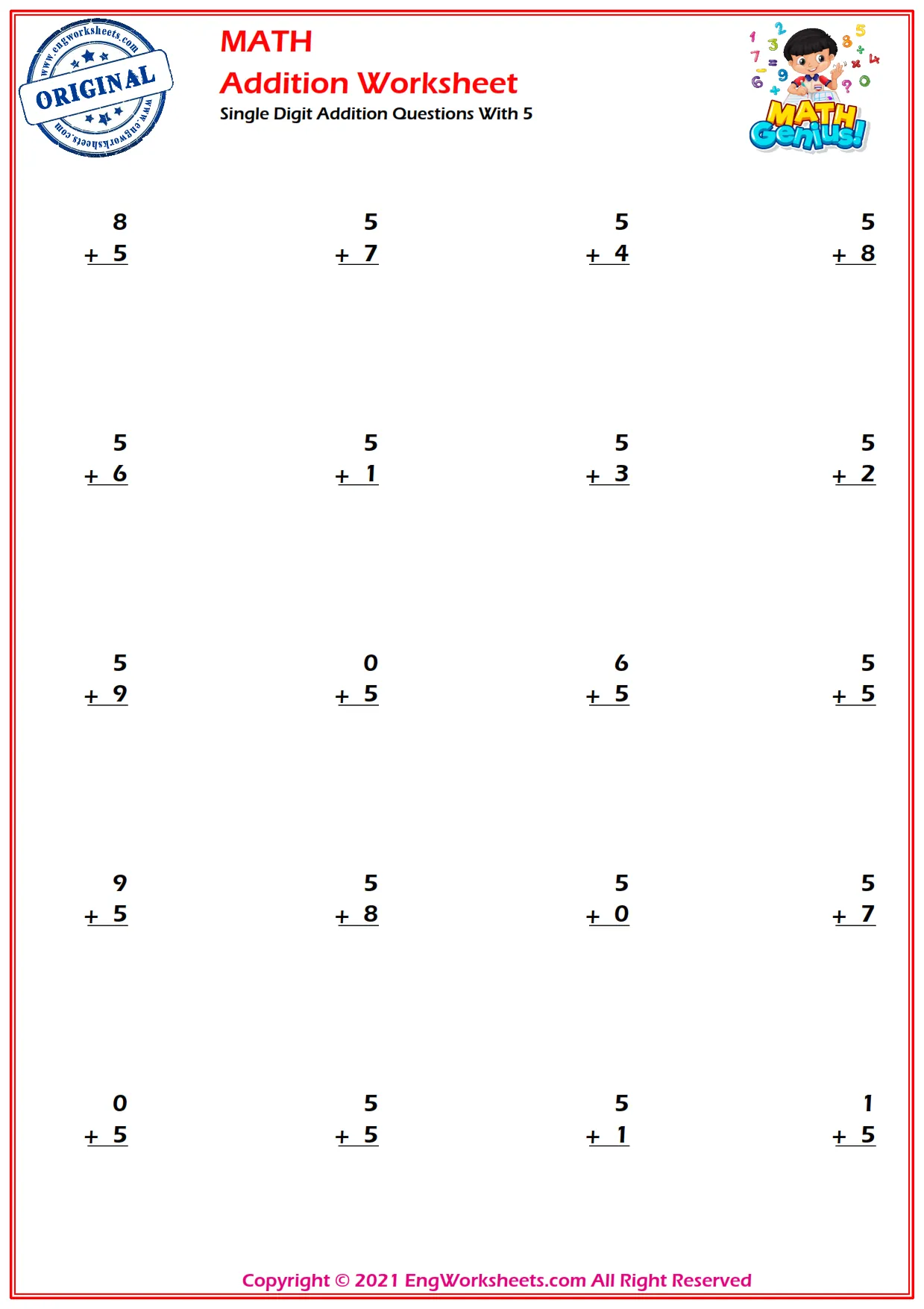 Single Digit Addition Questions With 5