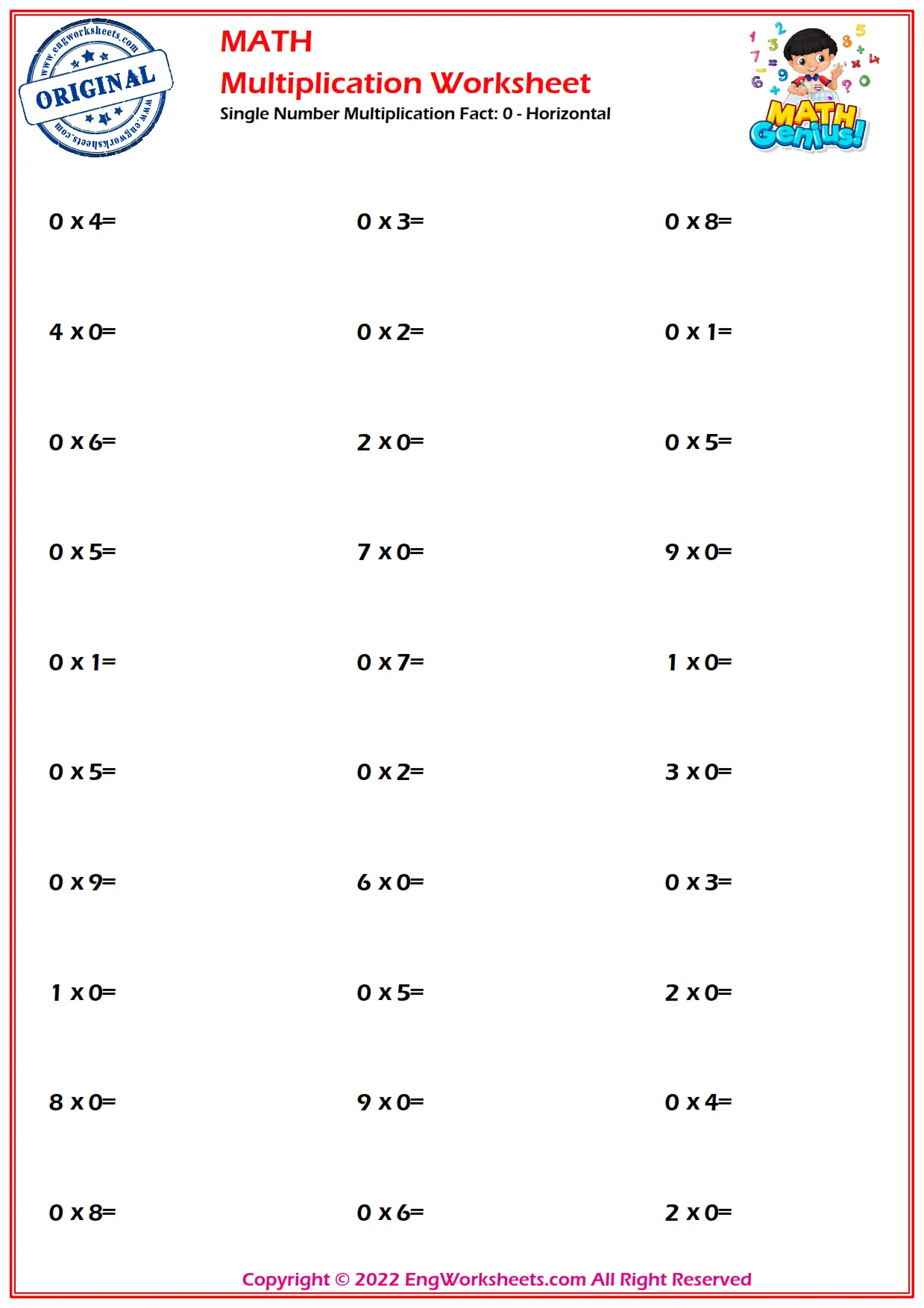 Single Number Multiplication Fact: 0 - Horizontal