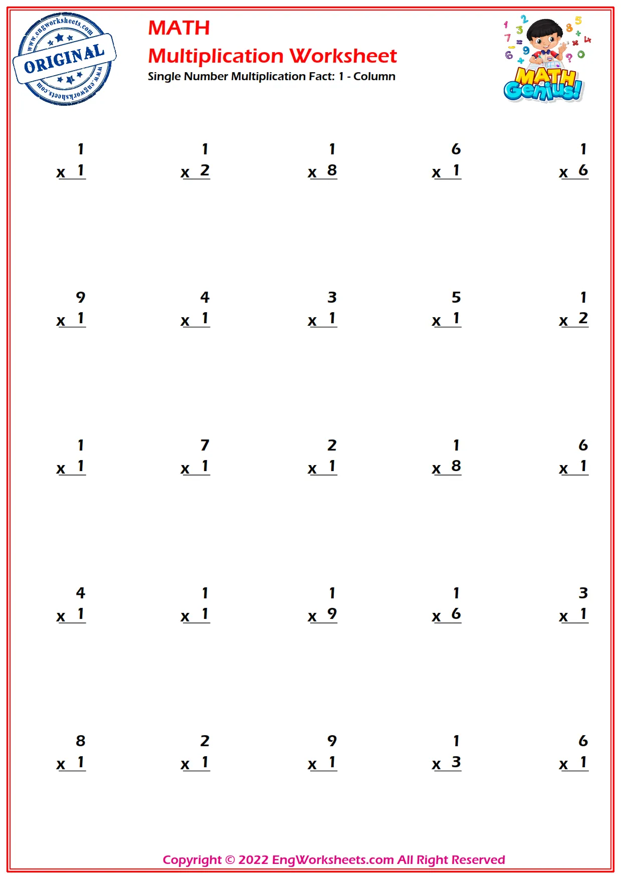 Single Number Multiplication Fact: 1 - Column