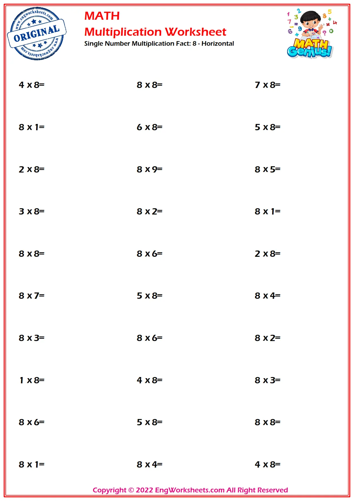 Single Number Multiplication Fact: 8 - Horizontal