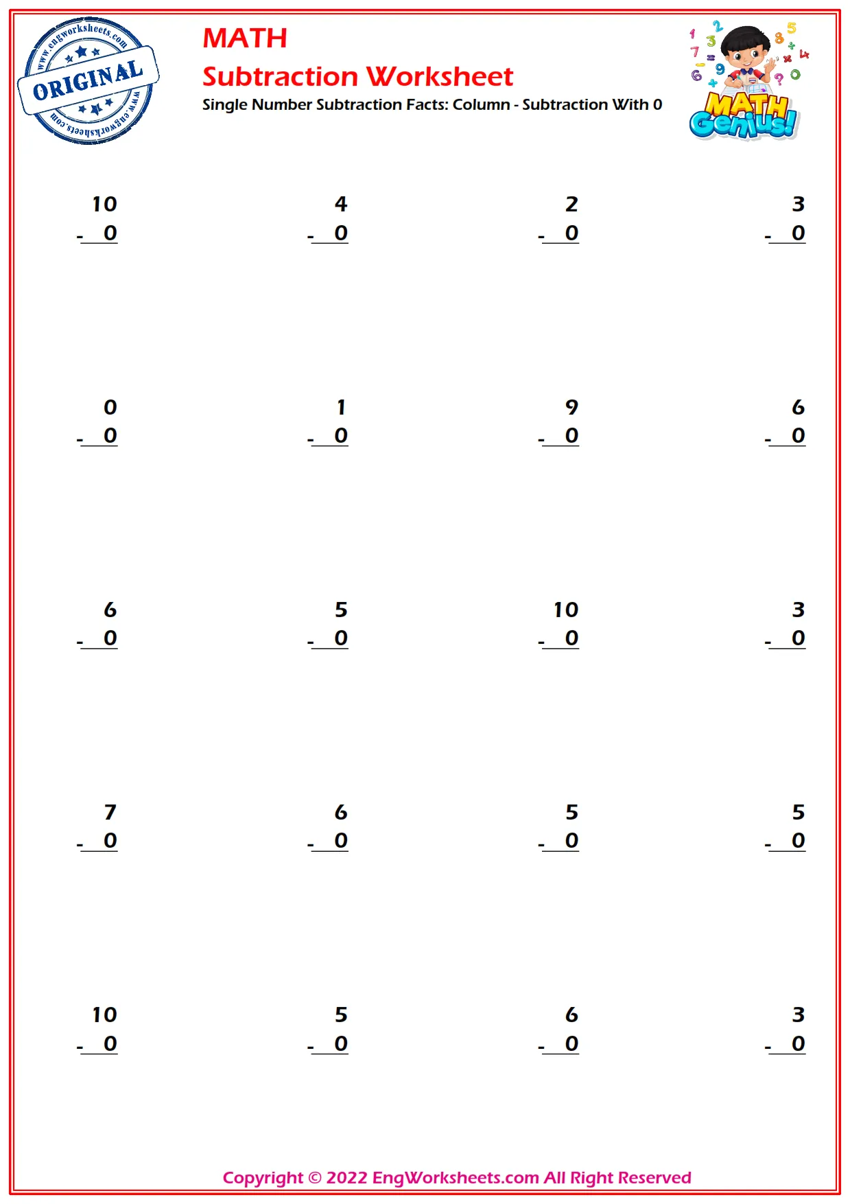 Single Number Subtraction Facts: Column - Subtraction With 0