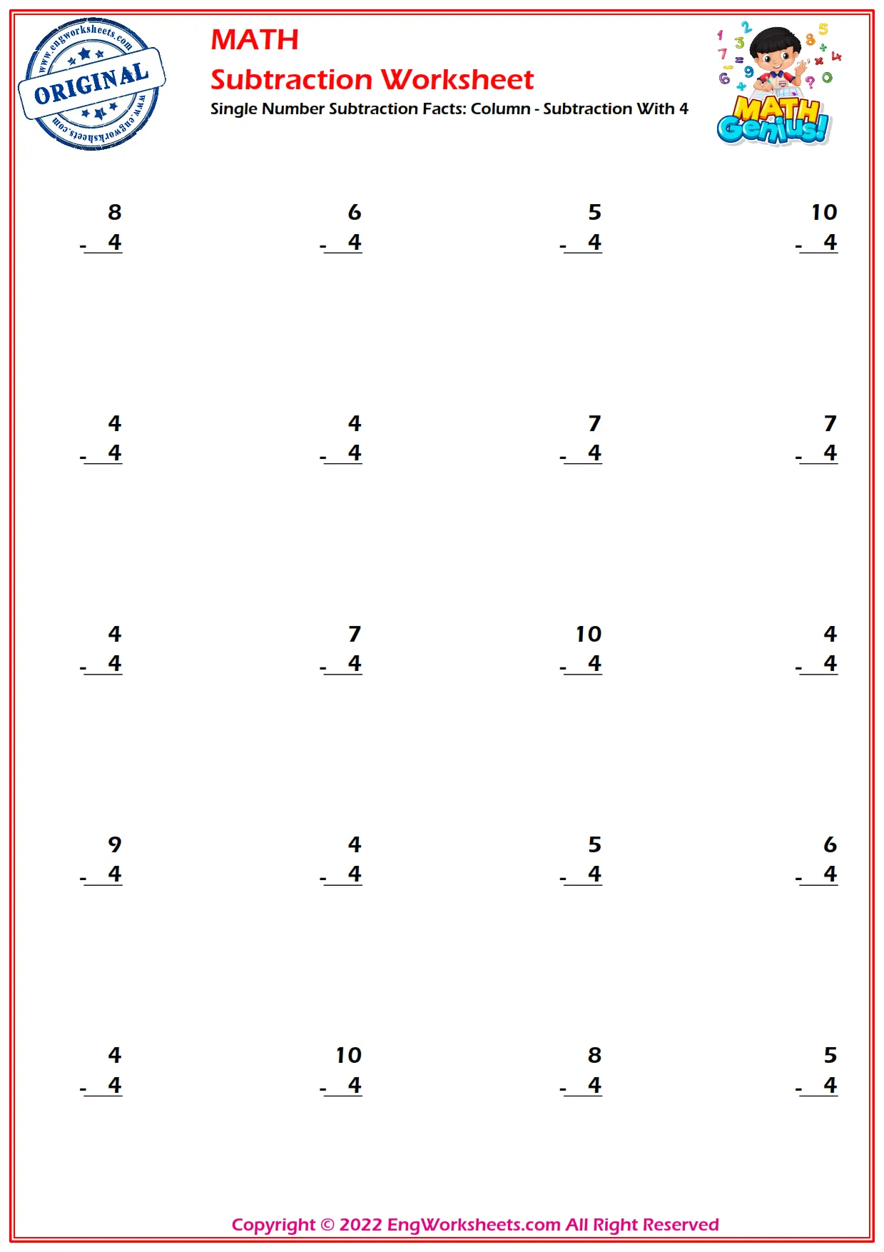 Single Number Subtraction Facts: Column - Subtraction With 4