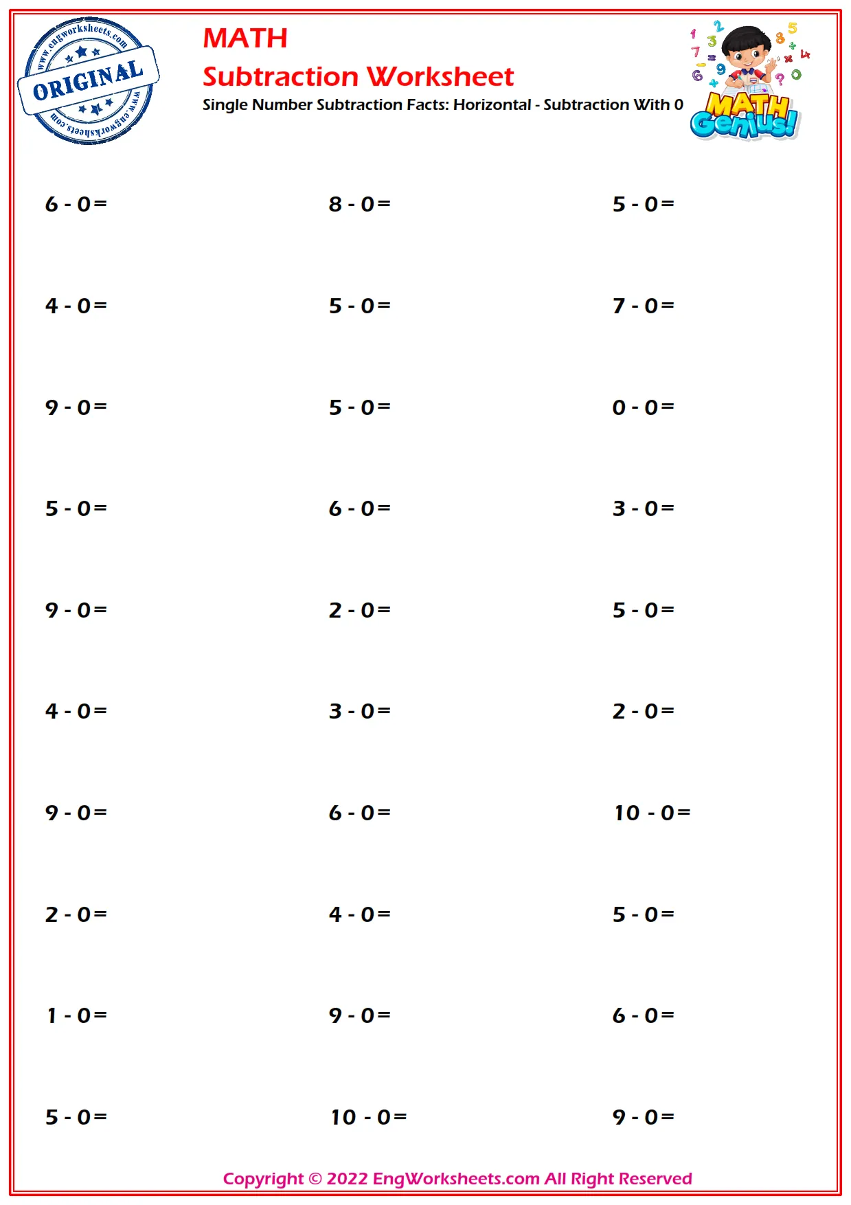 Single Number Subtraction Facts: Horizontal - Subtraction With 0
