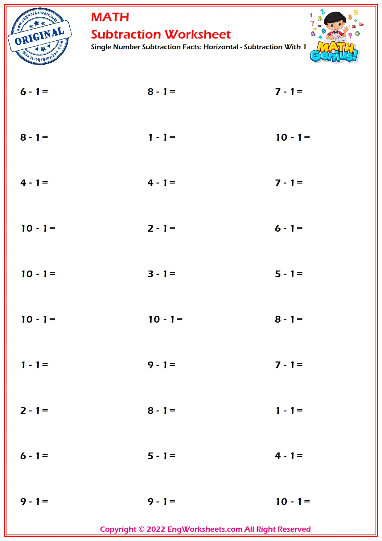 Single Number Subtraction Facts: Horizontal - Subtraction With 1
