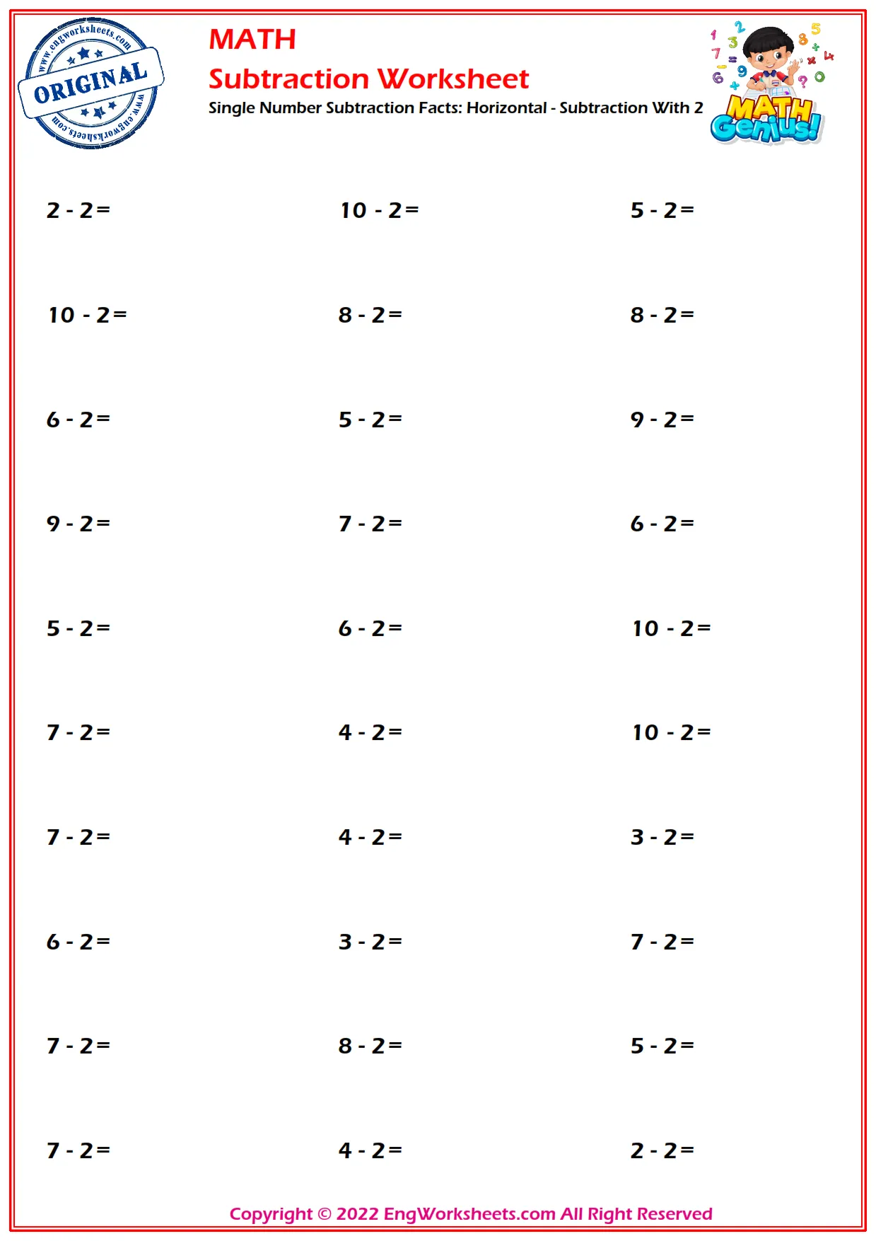 Single Number Subtraction Facts: Horizontal - Subtraction With 2