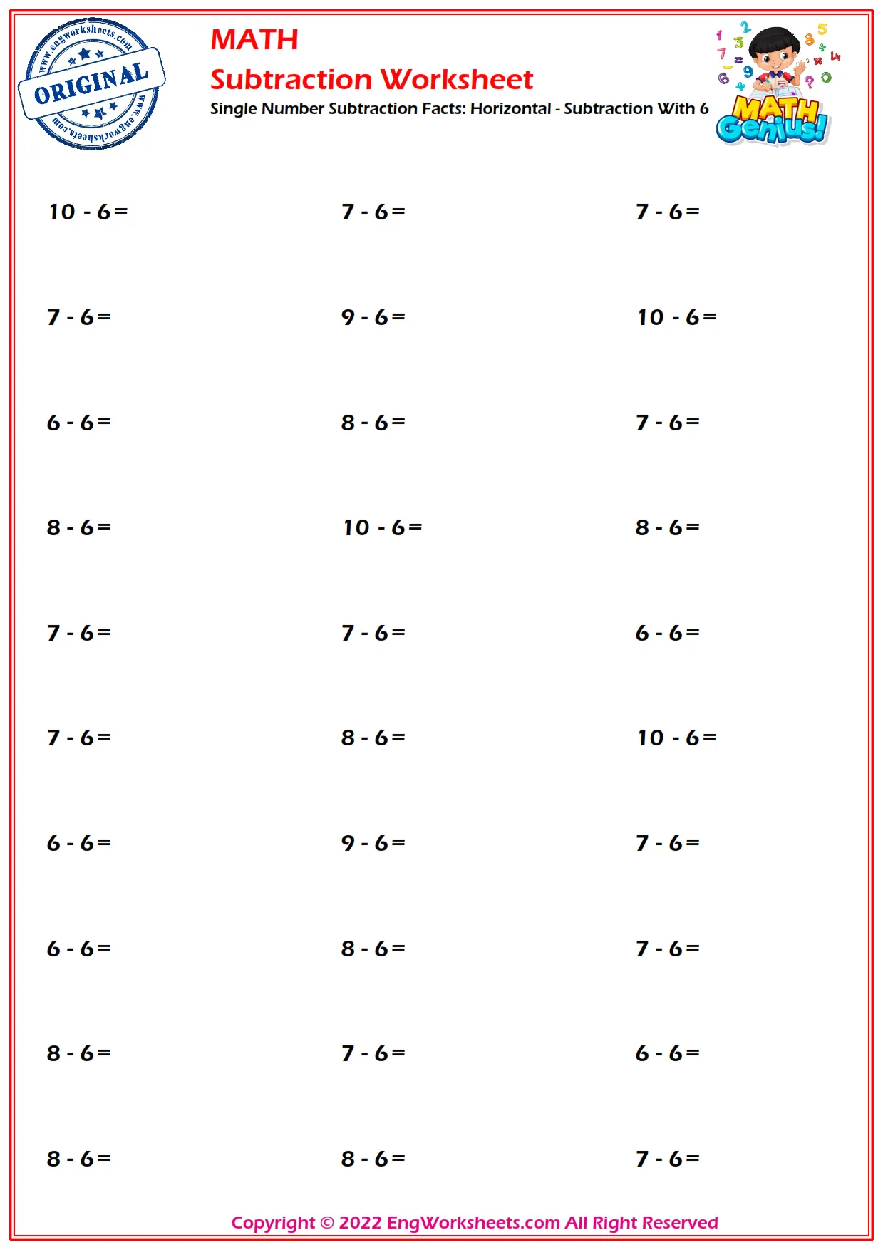 Single Number Subtraction Facts: Horizontal - Subtraction With 6