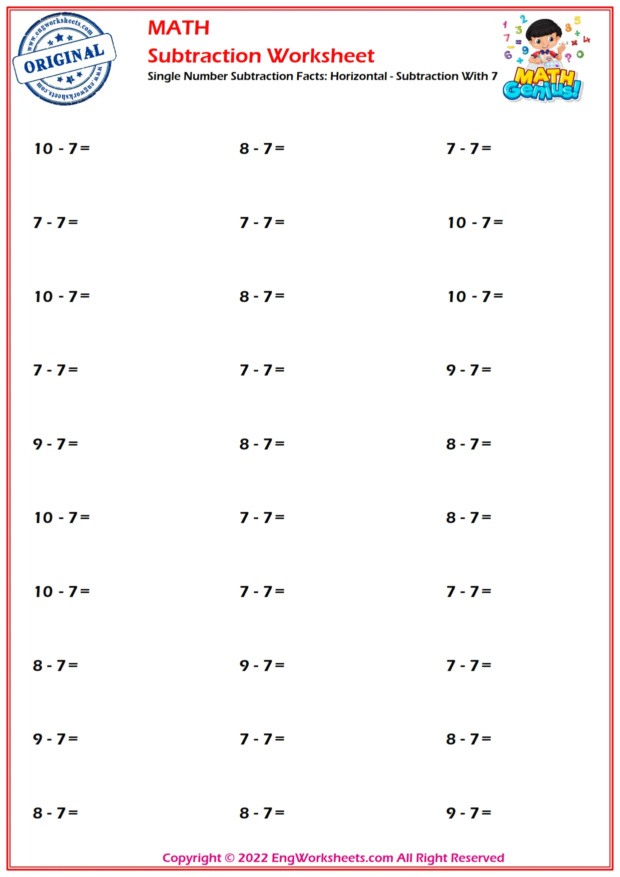 Single Number Subtraction Facts: Horizontal - Subtraction With 7