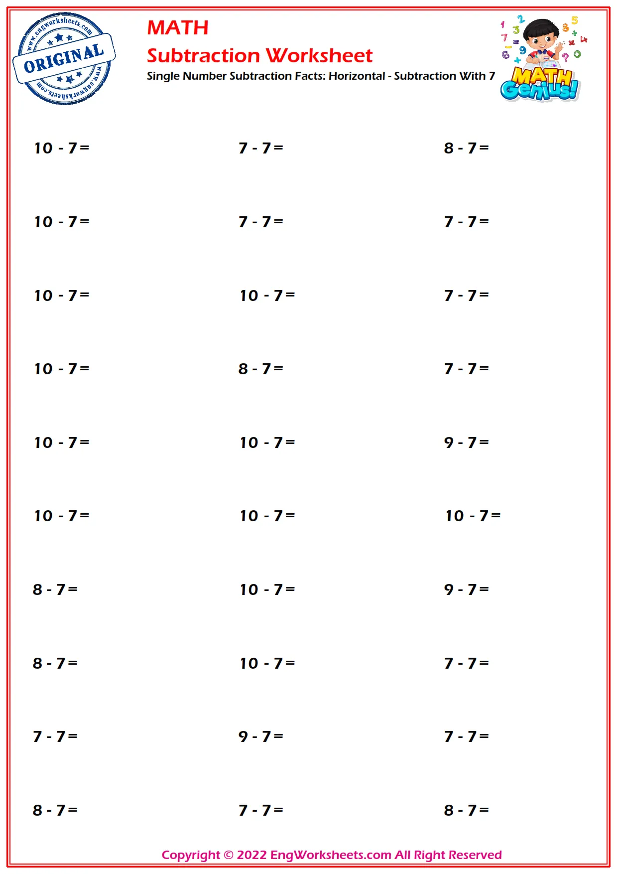 Single Number Subtraction Facts: Horizontal - Subtraction With 7