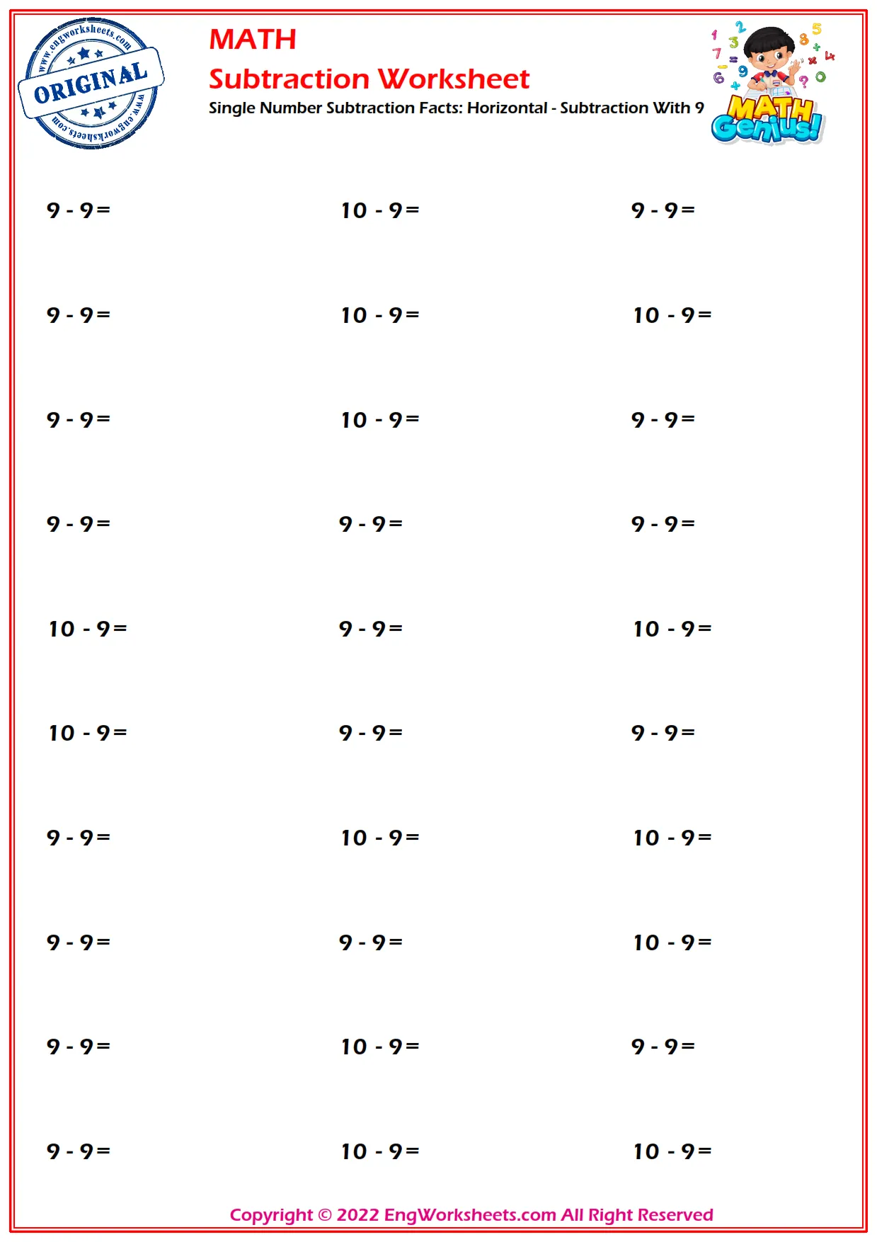 Single Number Subtraction Facts: Horizontal - Subtraction With 9