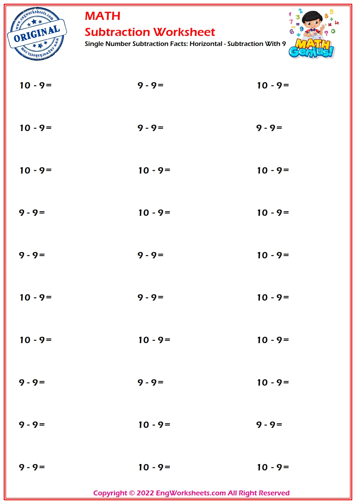 Single Number Subtraction Facts: Horizontal - Subtraction With 9