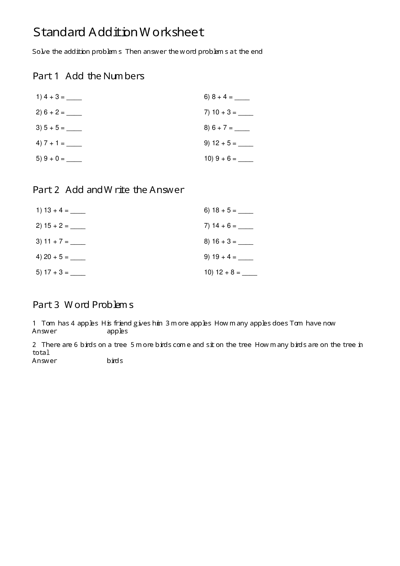 Standard Addition Worksheets with Word Problems – Free Printable PDF