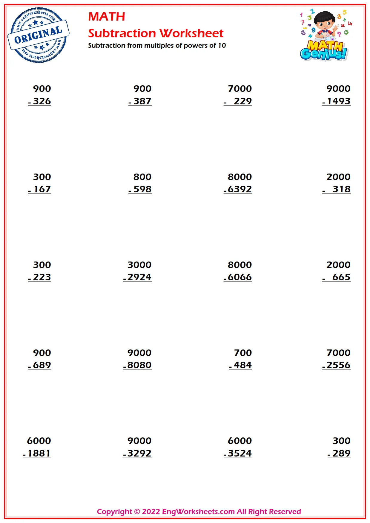 Subtraction from multiples of powers of 10