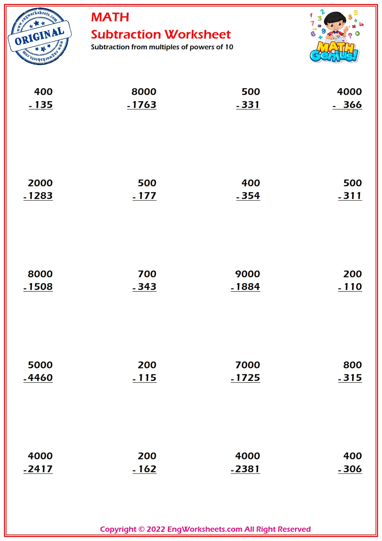 Subtraction from multiples of powers of 10