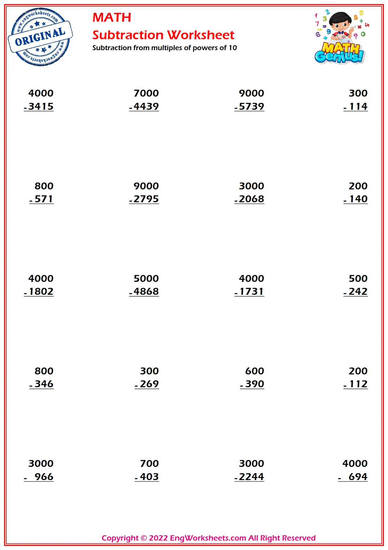 Subtraction from multiples of powers of 10