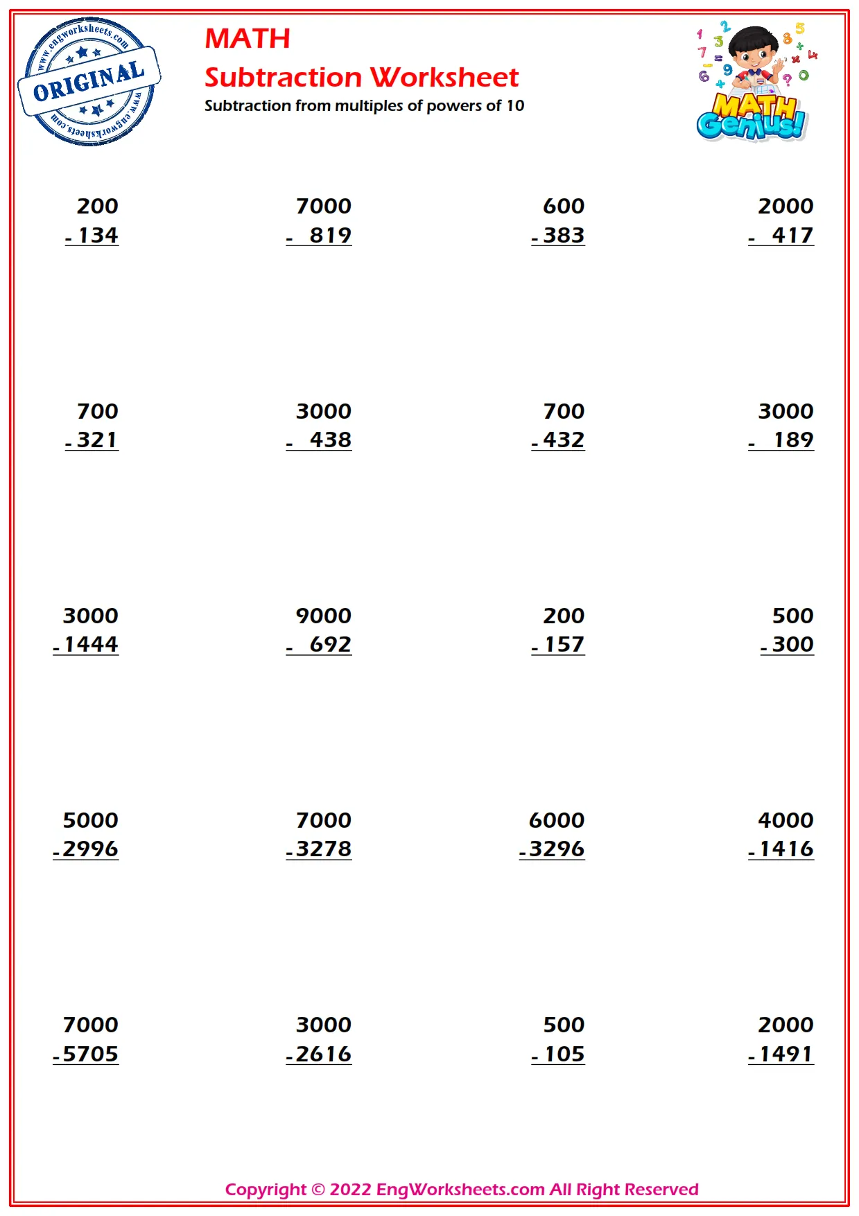 Subtraction from multiples of powers of 10