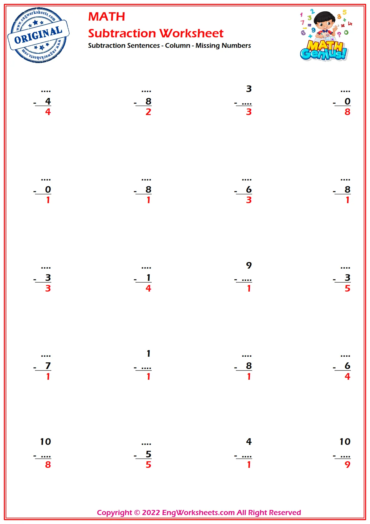 Subtraction Sentences - Column - Missing Numbers