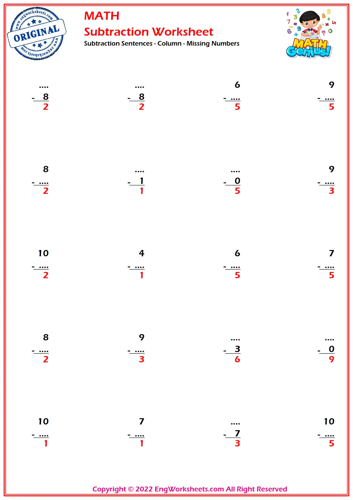 Subtraction Sentences - Column - Missing Numbers