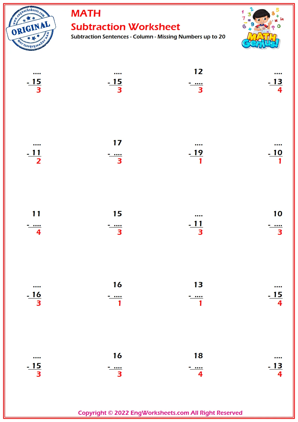 Subtraction Sentences - Column - Missing Numbers up to 20