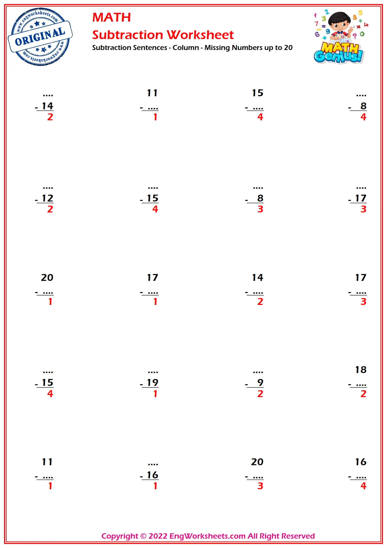 Subtraction Sentences - Column - Missing Numbers up to 20