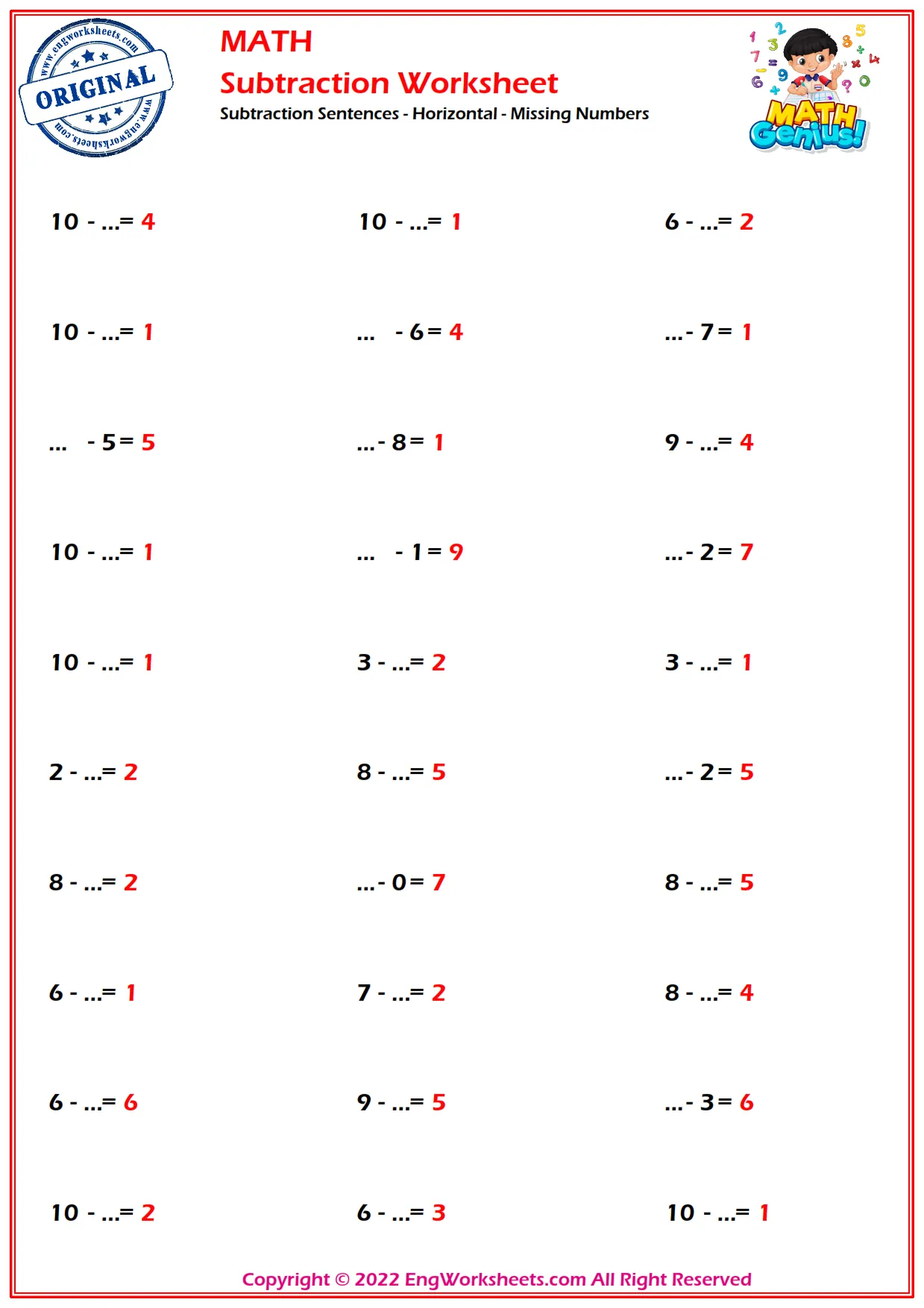Subtraction Sentences - Horizontal - Missing Numbers