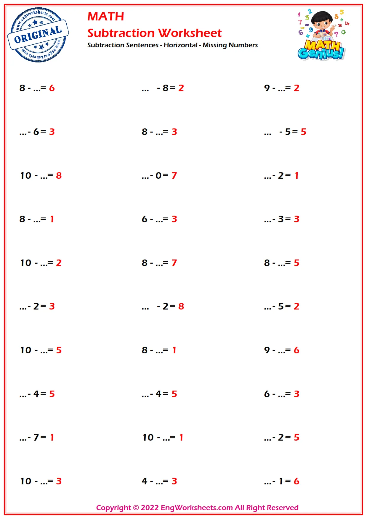 Subtraction Sentences - Horizontal - Missing Numbers