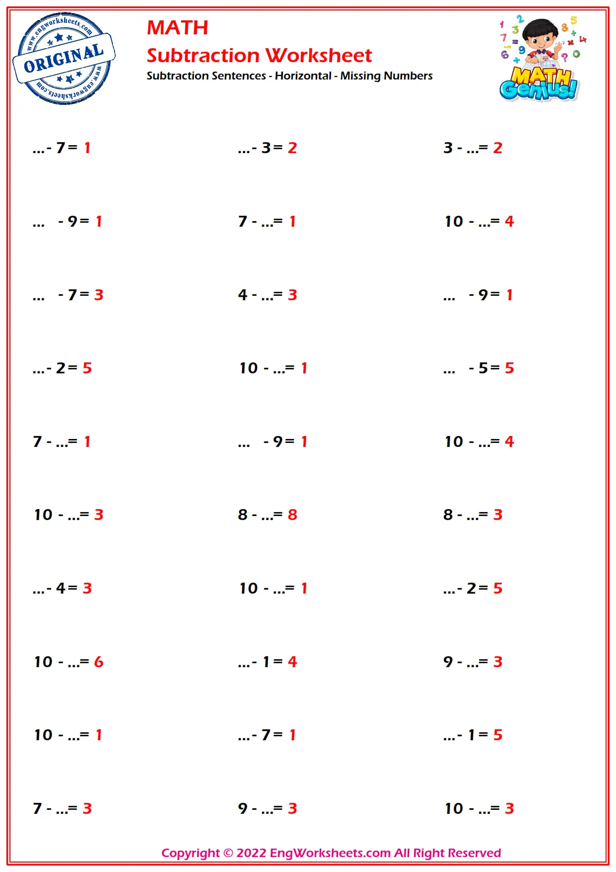 Subtraction Sentences - Horizontal - Missing Numbers