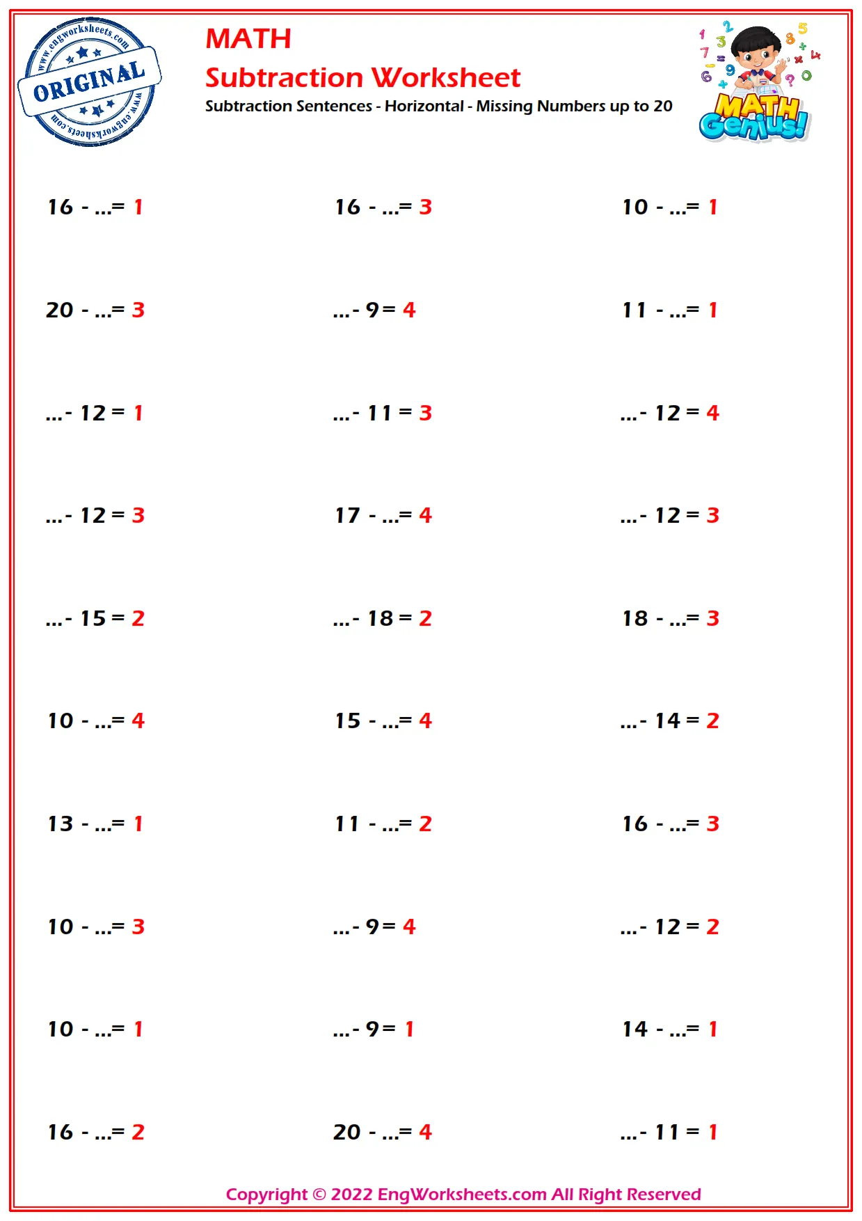 Subtraction Sentences - Horizontal - Missing Numbers up to 20