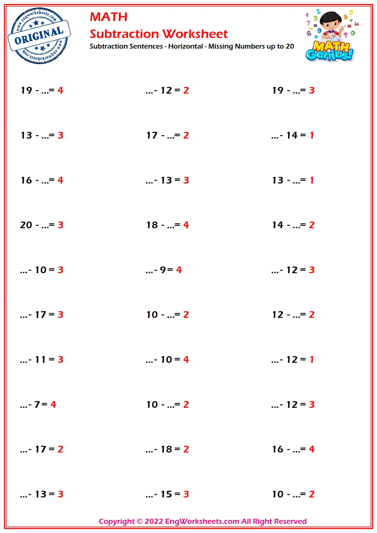 Subtraction Sentences - Horizontal - Missing Numbers up to 20