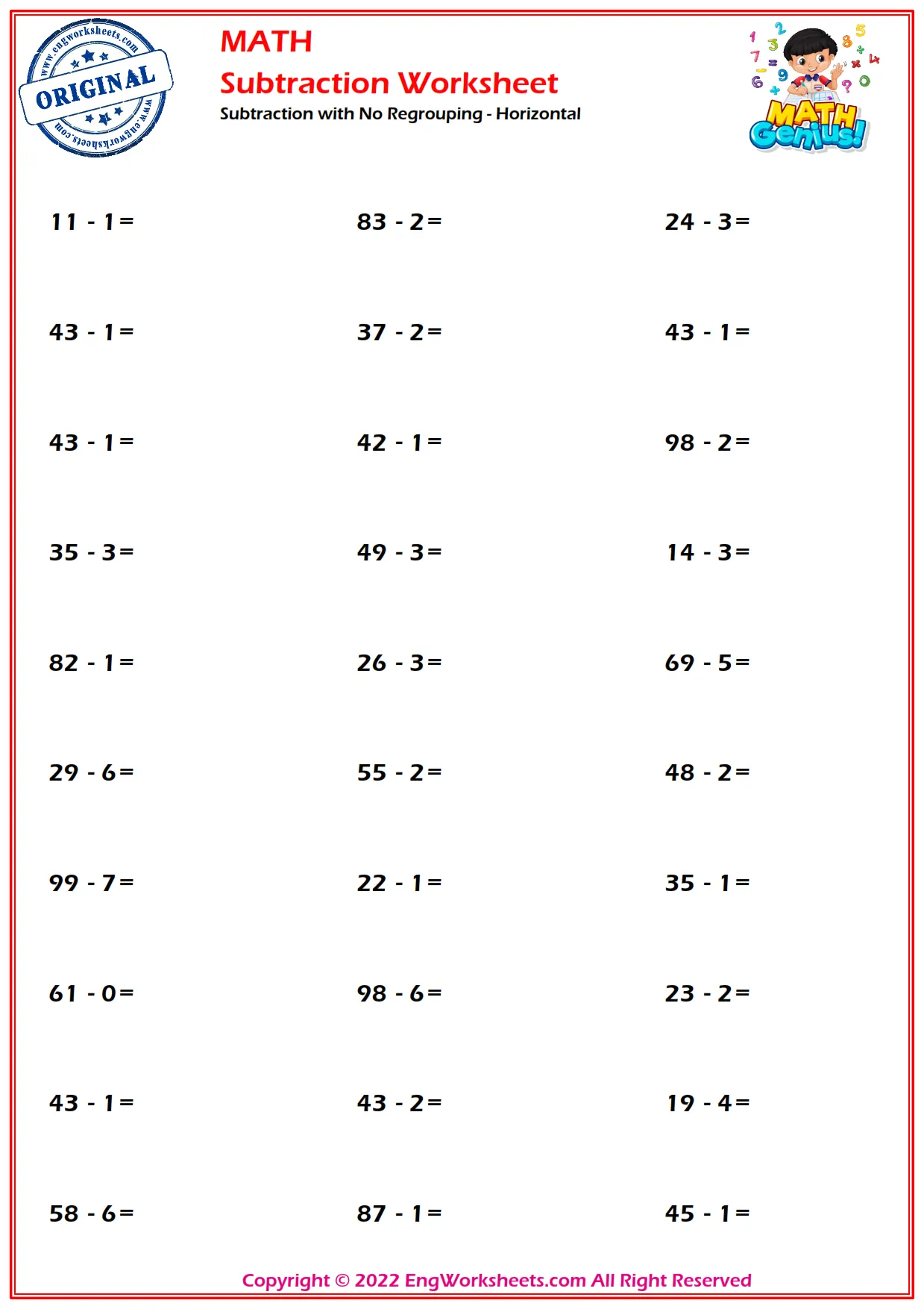 Subtraction with No Regrouping - Horizontal