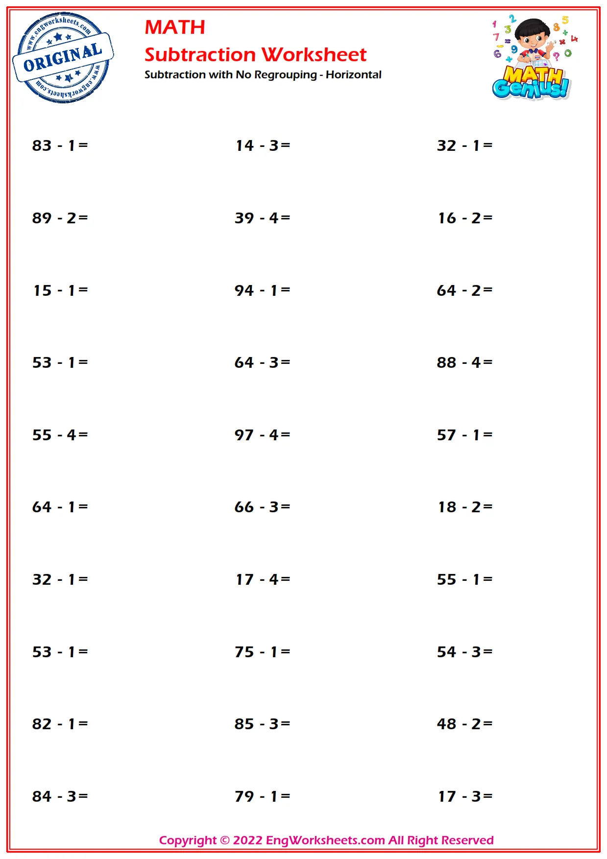 Subtraction with No Regrouping - Horizontal